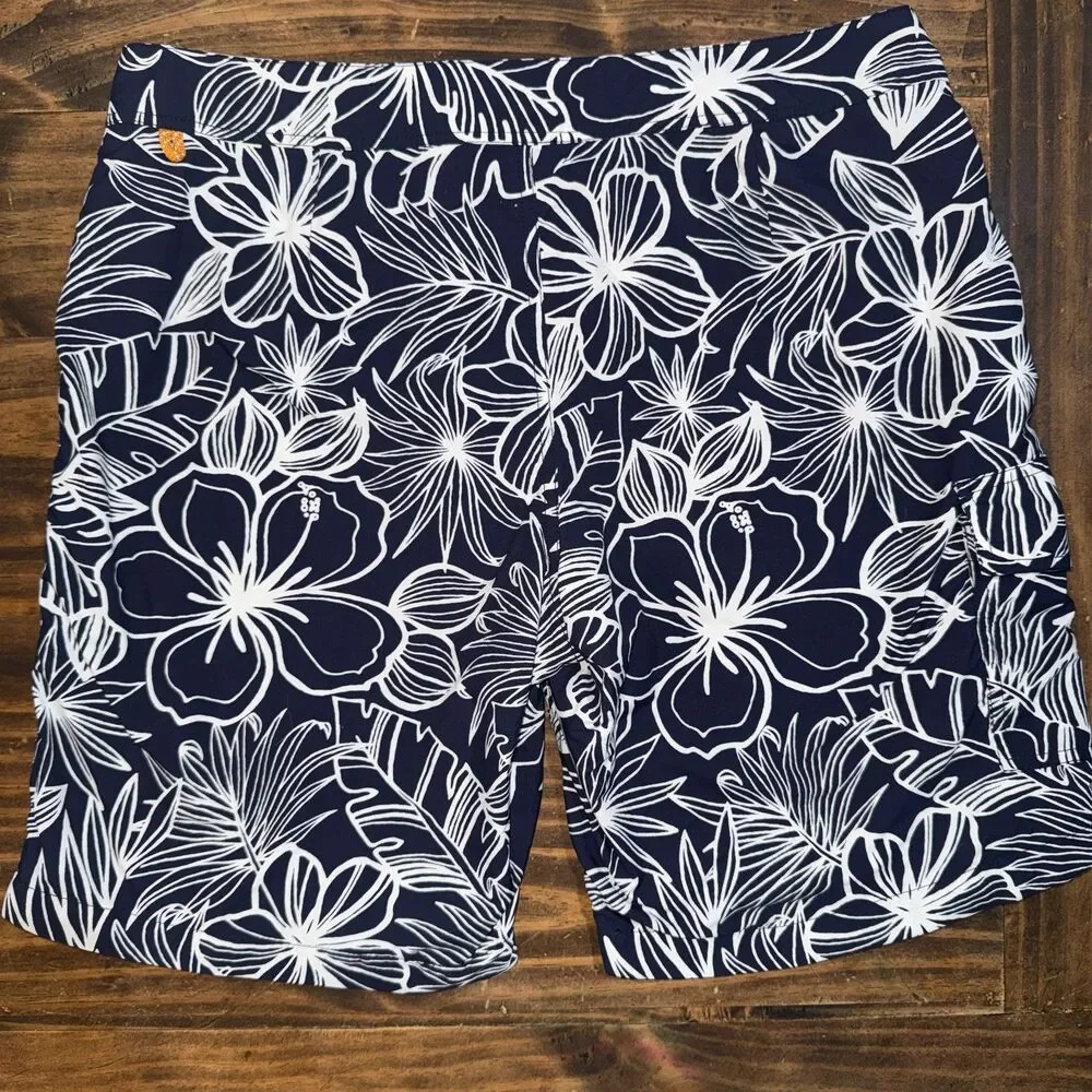 J.Crew Mens Board Shorts Swim Trunks Floral Hawaiian Mesh Lining Navy and White